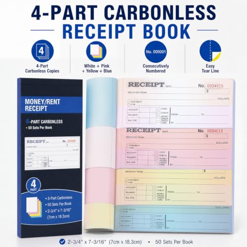 Money & Rent Receipt Book Set, 4-Part Carbonless, Consecutive Numbered 200 Sets (2-3/4 x 7-3/16 in) for Landlords & Small Businesses