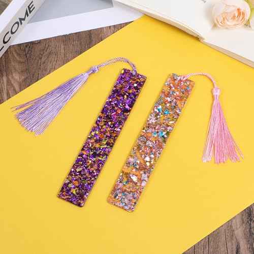 2 Pcs Bookmarks for Girls, Glitter Resin Bookmarks Transparent Kids Art Bookmark with Colorful Silk Tassels for Women Girls Book Lovers Reading Presents