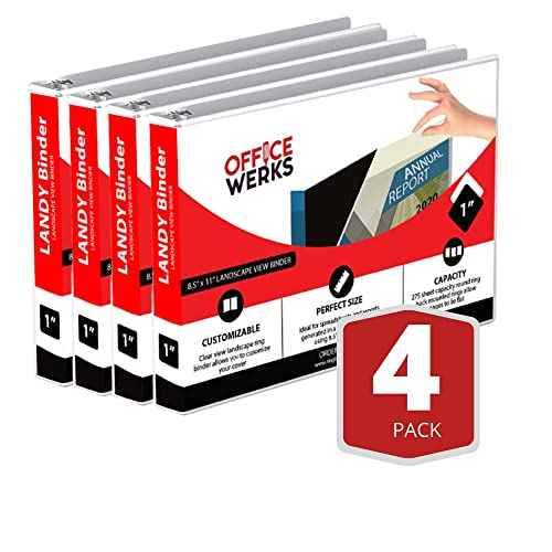 4 Pack of 8.5" X 11" Landscape View Binder, 3-Ring 1-Inch Capacity Round Ring, White Horizontal Formatted with Clear Cover Pockets, Perfect for Documents, Spreadsheets, Projects and More