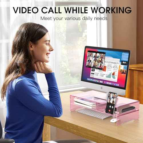 Pink Acrylic Monitor Stand Riser, 2-Tier computer stand with Storage, clear monitor stand for desk Suitable for laptops, printers, TV£¬desk organization With phone holder