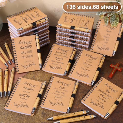 30 Set Christian Gifts Bulk Inspirational Spiral Notebook Bible Verses Ballpoint Pen Prayer Journal Religious Party Favor God Scripture Notepad for Teacher Women Church Party Office (Brown)