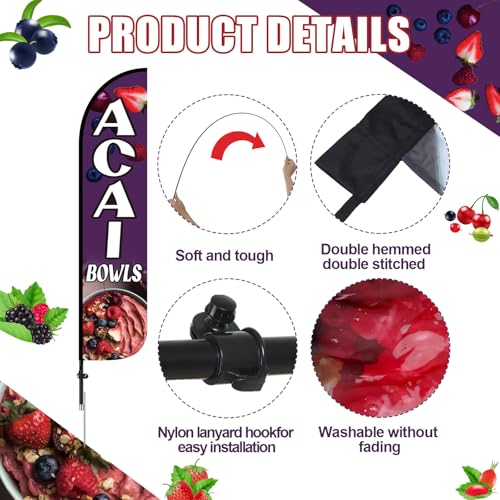 Acai Bowls Feather Flag with Pole Kit 15 ft Banner Sign for Business Advertising Feather Flag Sign with Flagpole for Outside Garden Business Store Party