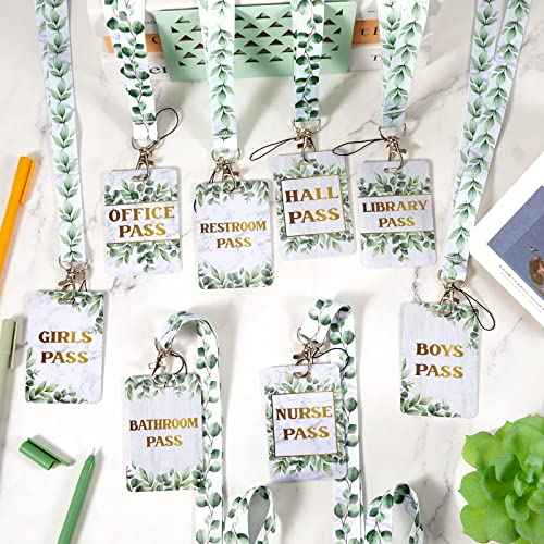 Teling 8 Sets Hall Pass Lanyards and School Passes Set Unbreakable PVC Passes for School Classroom Hall Restroom Bathroom Library Office Nurse Teacher Supplies(Eucalyptus Style)