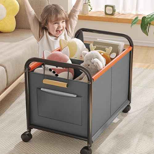 Children's toy Organizer With Wheels for Bedrooms, toy Rooms, Playrooms can hold toys, Books, Clothes, Snacks with 360¡Æ Steering Wheels Metal and Oxford Cloth toy Boxes£¨Gray Medium size£©