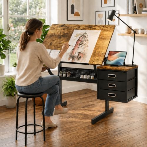 Adjustable Drawing Table with 3 Fabric Drawers & Stool - Black