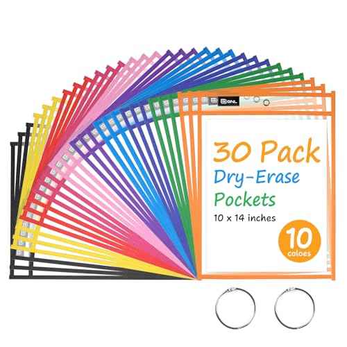 GNL Dry Erase Pocket Sleeves 30 Packs, Reusable Clear Plastic Ticket Holders with Rings, Durable & Easy-to-Erase Sheet Protectors, Assorted Colors 10x14 Inch for Classroom & School Teacher Supplies