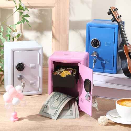 Zonon 3 Pcs Mini Safe Piggy Bank for Kids, Metal Locker Toy Safe Box for Boys Girls Money Cash Coin, Steel Money Saving Box with Lock 2 Keys Coin Tray 7. 1"x 4. 7"x 3. 9"(Blue, Pink, Ivory White)