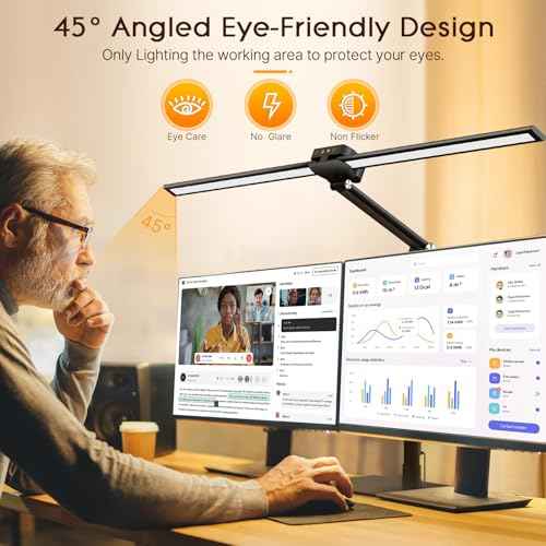 Syrinx Desk Lamp with Base, Eye-Caring Desk Lamps for Home Office with Gesture Sensor Switch, Dual Screen Computer Monitor LED Desk Light, 24W 25 Lightings Bright Table Lamp with USB Charging Port