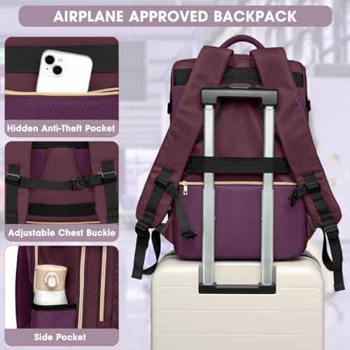 Large Carry On Travel Backpack - Flight Approved Waterproof Luggage Suitcase Backpack Personal Item Size for Women Men Fit 17 Inch Laptop College Overnight Bag Anti-Theft Weekender Daypack Dark Purple
