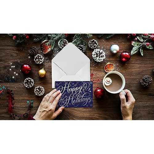 Better Office Products 50 Pack Happy Holidays Cards with Silver Foil Accents, 5" x 7", High Gloss, Interior Greeting, with 50 Envelopes, Christmas Cards, New Years Cards, 50 Count Boxed Set
