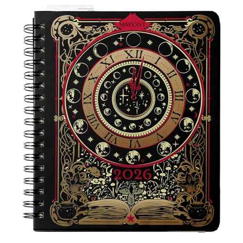 ConQuest Journals Waiting for the Night 2026 Spiral Dated Weekly Planner, Gothic Witchy Tarot Card-Inspired Design, Wrapped Book Board Cover, 4 Sticker Pages, Pocket, Elastic Strap, Bookmark, 7" x 9"