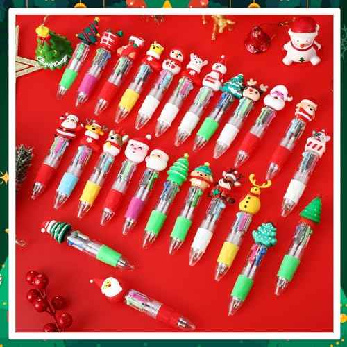 100 Pcs Multicolor Christmas Ballpoint Pen 4-in-1 Retractable Holiday Ink Pens 0.7mm Xmas Santa Snowman Reindeer Writing Pens for Students Christmas School Office Supplies Gifts