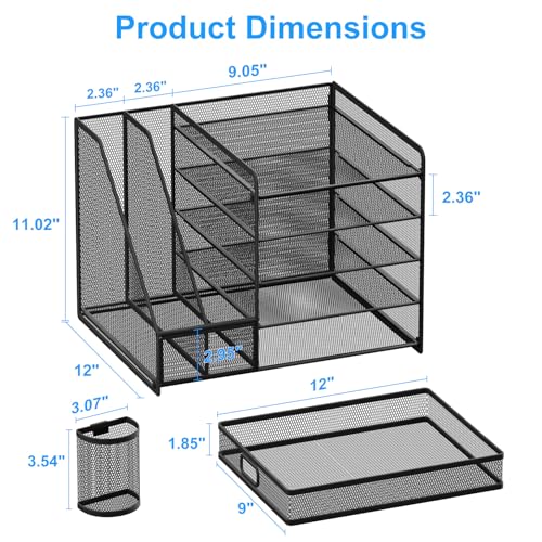 Lavatino Desk Organizer with File Holder, 5-Tier Paper Letter Tray Organizer with Sliding Drawer and 2 Pen Holder, Mesh Desktop File Organizer for Office Supplies (Black)