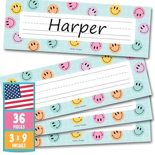 Desk Name Tags for Classroom -36 Student Name Plates for Classroom Kindergarten, Preschool, 1st, 2nd & 3rd Grade, 9x3 Teacher Nameplates for Student Desks & Cubbies, Smiley Nametags