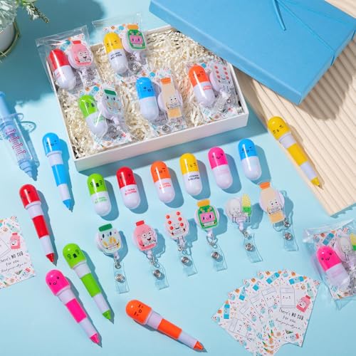 50 Sets Pharmacy Technician Accessories Gift Pharmacy Badge Reel Pill Shaped Pens Inspirational Appreciation Card Pharma Funny Gifts for Nurse Practitioner Week Medical Assistant Doctor