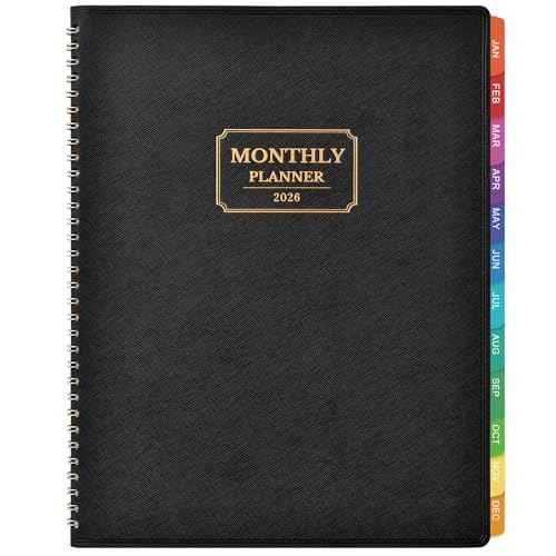 Artfan 2026 Monthly Planner - 2026 Planner, Jan. 2026 - Dec. 2026, 2026 Calendar Monthly Planner, 12-Month with Colorful Tabs, 8.86" x 11.4", Saffiano Leather, Black Leather