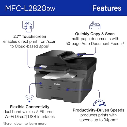Brother MFCL2820DW Wireless Monochrome All-in-One Laser Printer with Copy Scan Fax - New Model