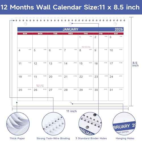 2026 Calendar - 2026 Wall Calendar, Jan. 2026 - Dec. 2026, 8.5" x 11", Memoranda Lined Pages with Thick Paper, Twin-Wire Binding, Holidays, Julian Dates
