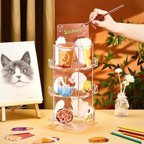 Marsui 3 Tier Rotating Sticker Display Stand, 4 Sided Sticker Holder, 360¡Æ Rotating No Assembly Required Clear Acrylic Sticker Holder for Vendors, Retail, Showcase, Tradeshow, 12.6" x 5.9"