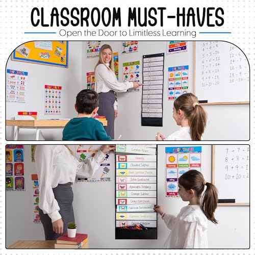 Essex Wares - 13 Pocket Daily Schedule Pocket Chart, Ultra-Durable Visual Schedule for Kids - Easy to Use, Reusable Daily Schedule for Kids - Reversible Chart for Sentence Strips