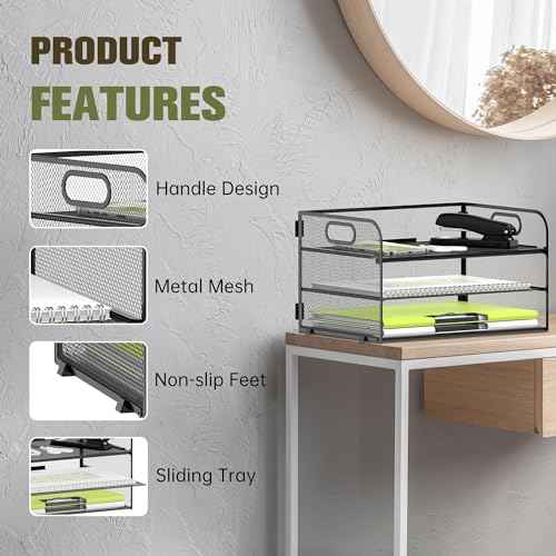 Daltack 3-Tier Paper Organizer with Handle, Mesh Desk Organizer Letter Tray, Paper Tray Organizer File Organizer for A4 File Folder, Black