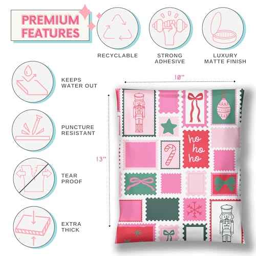 Picksie Mailers- Cute Christmas Shipping Bags 10x13 Packaging Supplies for Small Business Pink Designer Holiday Mailers Polybag Packaging 100 Pack Bulk Mailers Shipping Envelope - Holly Poly Postage
