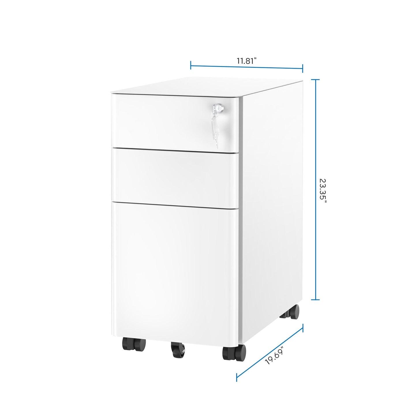 Mount-It! Slim 3 Drawer White File Cabinet with Lock, Mobile Metal Filing Cabinet on Wheels, Under Desk Storage Drawers for Home & Office, Letter Legal A4, White