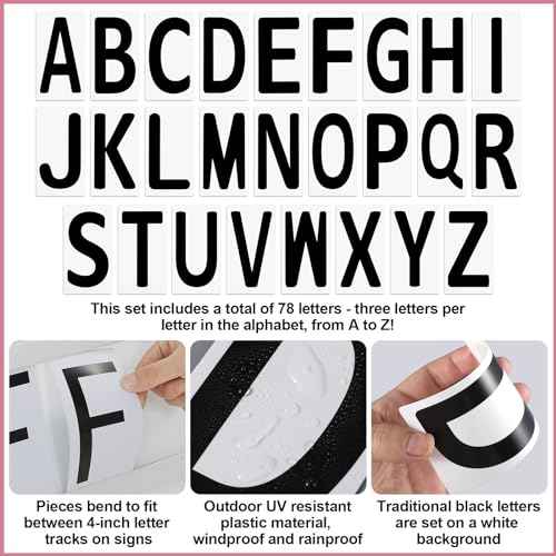 78 Pcs Replacement Letters for White Message Board Sidewalk Signs Outdoor Plastic Changeable Letters for Yard Signs with 4 Inch Tracks, from A to Z Black on White Background