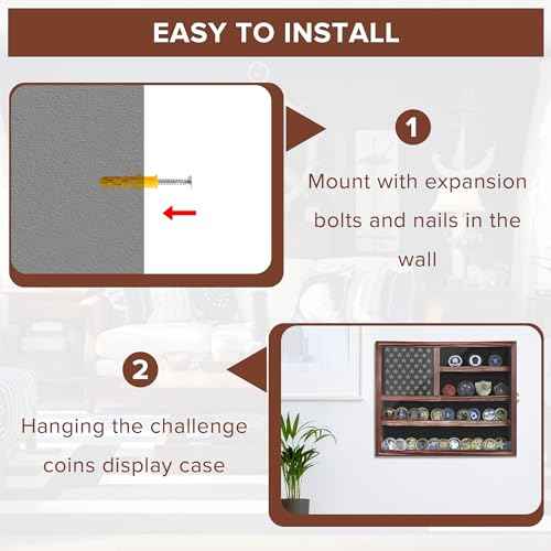 Challenge Coin Display Case, Lockable Military Coin Holder Cabinet with Removable Star Board & HD Tempered Glass Door, Solid Wood Wall Mount Coins Collection Rack Stand