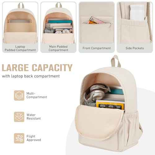 Backpack for Teen Girls Large Middle-School Primary Elementary Students Bookbag 18.5 inch Laptop Bag for Women Lightweight Casual Daypack (Beige)