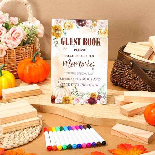 80 Pcs Wedding Guest Book Alternative Wooden Block Guest Book for Wedding Sign in Bridal Shower Decoration Wooden Block Bridal Shower Game for Sign in, Reception (Pumpkin)