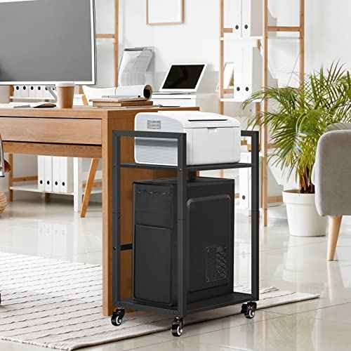 SEHERTIWY 2 Tier Computer Tower Stand, Black CPU Holder Cart with Rolling Caster Wheels, Mobile PC Tower Stand for Office Home Studio