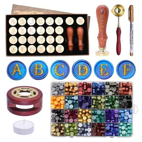SWANGSA Initial Alphabet A-Z Wax Seal Stamp Kit, Elegant Botanical Flower Floral 26 Letter Sealing Stamp With 624pcs Beads, Warmer, and Pen