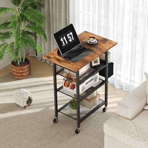 4-Tier Printer Stand, Rolling Printer Table on Wheels, Industrial Storage Stand with Side Pocket, Wooden Tabletop, 2 S-Shaped Hooks, for Home Office, Rustic Brown and Black PTHR2601