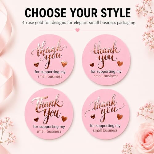 Pink & Rose Gold Thank You Stickers 1.5 Inch, 500 Premium Self-Adhesive Labels for Small Business & Packaging