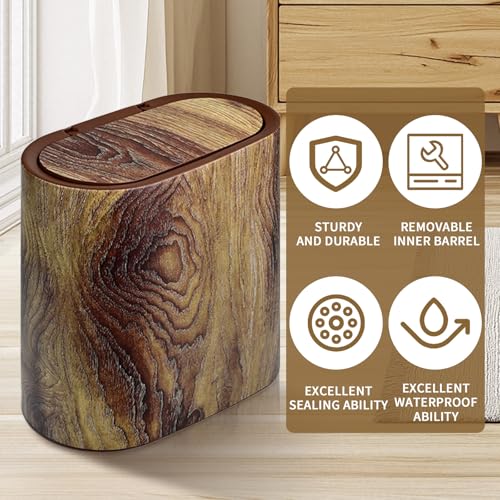 Bathroom Trashcans with Lids, Plastic Marble Wood Pattern Trash Can Small Garbage Bin with Lid for Bathroom Narrow Wastebasket Modern Waste Basket for Home Indoor Hotel (Plastic Wood Pattern)