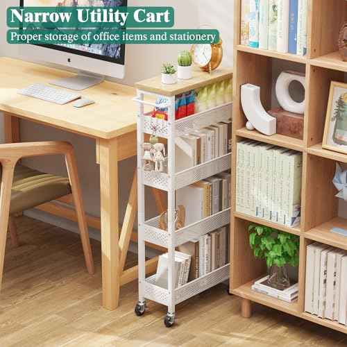 Giwil Slim Storage Cart 5 Tier Narrow Kitchen Rolling Cart on Wheels for Small Space, Metal Utility Cart Narrow Bathroom Storage Cabinet Mobile Shelf Unit Organizer with Wood Top and Handle, White