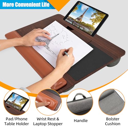 Wooden Laptop Tray with Leather Wrist Pad - Adjustable Angle Lap Desk with Cushion, Laptops Table for Couch,Bed, Fits Laptops Up to 17 Inches, Lap Laptop Desk with Mouse Pad, Brown