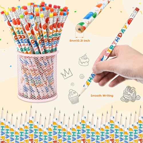 Kosiz 400pcs Happy Birthday Pencils Bulk for Students Classroom Back School Birthday Gifts Colorful Printed with Top Erasers Suitable for Teachers Class Reward Kids Party Supplies