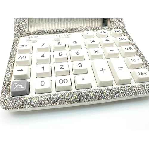 Rhinestone Crystal Calculator - Standard Desktop Calculator with 12 Digit LCD Display, Battery & Solar Powered, Bling Design for Women & Girls (White)