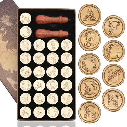 SWANGSA Letter Wax Seal Kit, 26pcs 3D Floral Initial A-Z Stamp with 624pcs Sealing Wax Beads, Furnace and Pen for Wedding Invitations Cards & Envelope