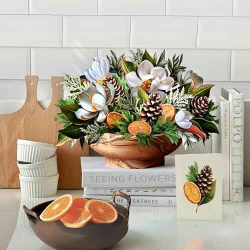 Freshcut Paper Pop Up Cards, Winter Magnolia, 15 Inch Life Sized Forever Flower Bouquet 3D Popup Christmas Card, Holiday Card, Blank Notecard & Envelope