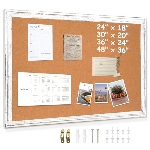 DOLLAR BOSS White Cork Board for Wall - 24 X 18 Inches, Rustic Wooden Frame Bulletin Board, Decorative Hanging Pin Board for Office & Home Decor