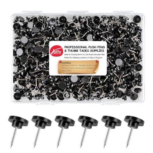 Yalis 200-Count Black Push Pins — Flat Head Thumb Tacks, Stainless Steel Pin, Plastic Head