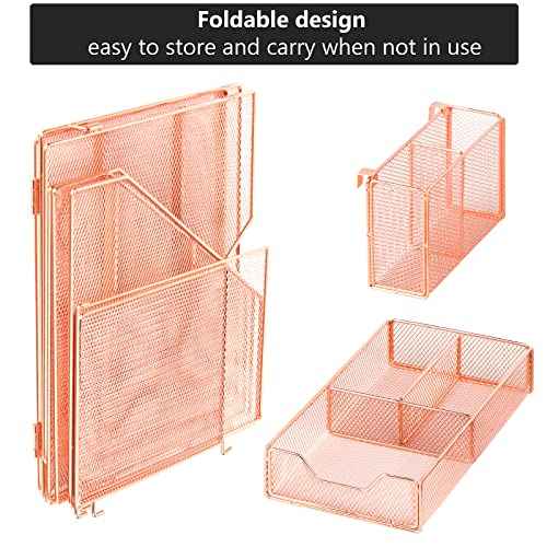 Topwey Rose Gold Desk Accessories, Office Supplies Desk Organizer Caddy with Sliding Drawer, Double Tray, File Organizer and pen holder for Home, Office School