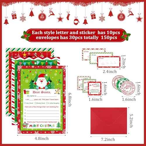 Harloon 150 Pcs Letter to Santa Writing Kit Christmas Wish List Snowman Elf Xmas Letter Paper Stationery with Sticker Nice Naughty Snowflake Envelopes Christmas List for Holiday Greeting Supplies