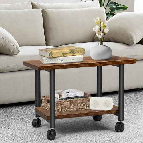 Under Desk Printer Stand - 2-Tier Industrial Mobile Printer Table with Storage Shelf, Heavy Duty Wood Rolling Printer Cart with Wheels for Home and Office,Rustic Brown