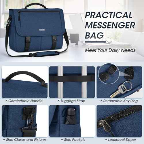 RAINSMORE Messenger Bag for Men Messenger Bag 15.6 Inch Water Resistant Laptop Bag Casual Satchel Bags for Men Large College Computer Bag Office Work Briefcase Fashion Crossbody Shoulder Handbag, Blue