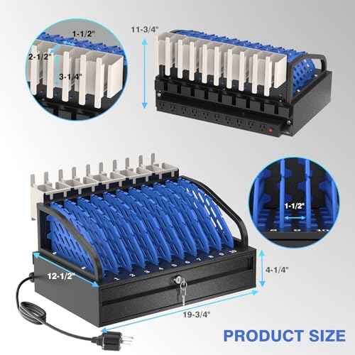 10-Device Open Charging Station for Chromebooks & Tablets - Heavy-Duty Steel Rack with Lockable Storage Drawer, Multi-Device Charging Organizer for School, Office, Hospital