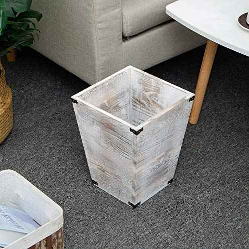 Rustic Whitewashed Torched Wood Square Waste Basket Recycle Bin Trash Can Decorative Metal Brackets Whitewashed Wooden Garbage Container Ash Holder Bedroom Living Room Home Office
